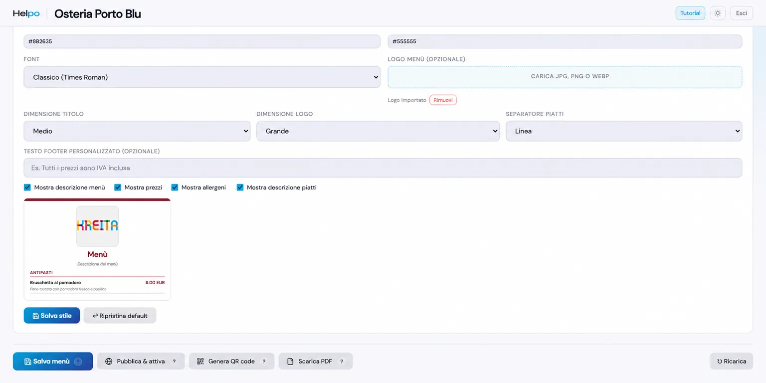 Editor menù digitale Helpo — stile, anteprima e pubblicazione